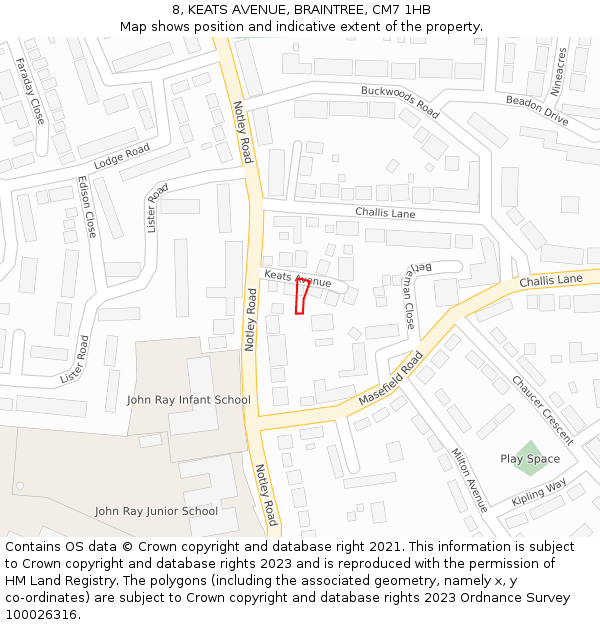 8, KEATS AVENUE, BRAINTREE, CM7 1HB: Location map and indicative extent of plot