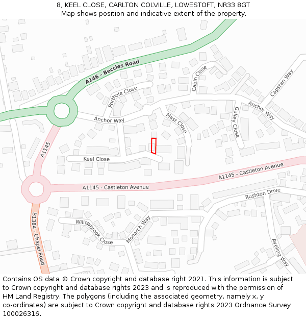 8, KEEL CLOSE, CARLTON COLVILLE, LOWESTOFT, NR33 8GT: Location map and indicative extent of plot
