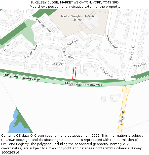 8, KELSEY CLOSE, MARKET WEIGHTON, YORK, YO43 3RD: Location map and indicative extent of plot