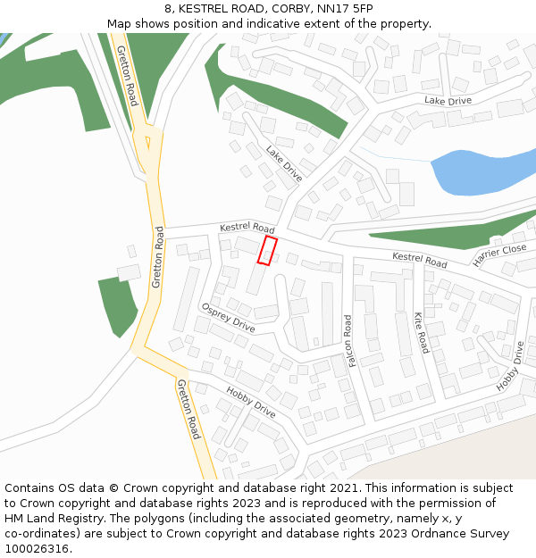8, KESTREL ROAD, CORBY, NN17 5FP: Location map and indicative extent of plot