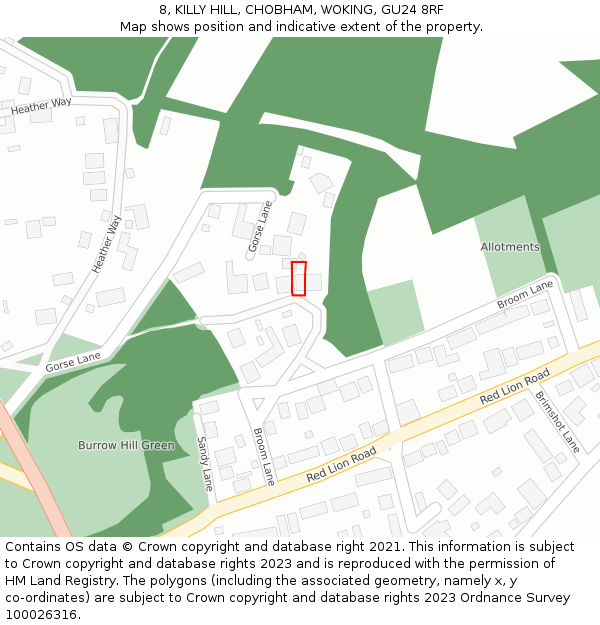 8, KILLY HILL, CHOBHAM, WOKING, GU24 8RF: Location map and indicative extent of plot
