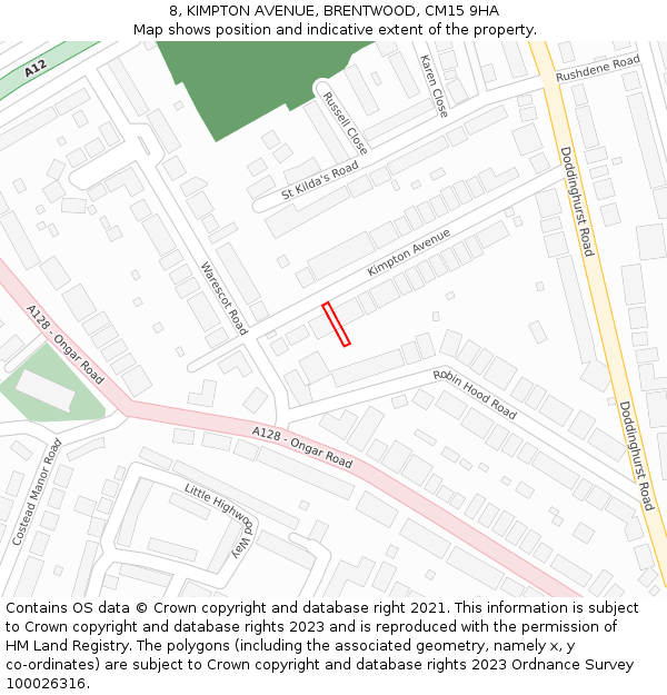 8, KIMPTON AVENUE, BRENTWOOD, CM15 9HA: Location map and indicative extent of plot