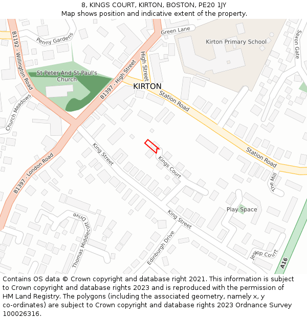 8, KINGS COURT, KIRTON, BOSTON, PE20 1JY: Location map and indicative extent of plot