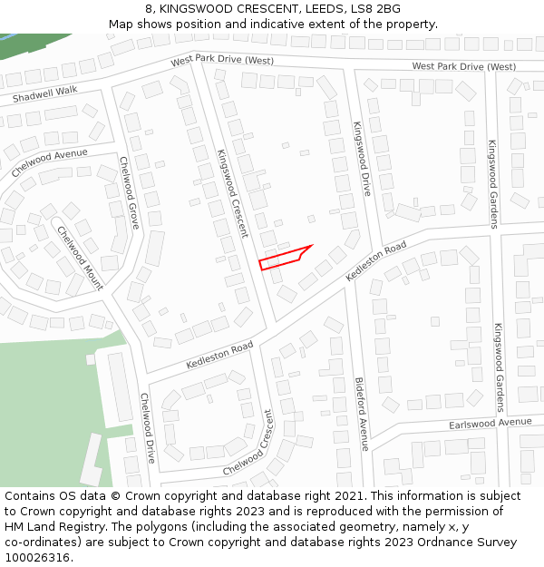 8, KINGSWOOD CRESCENT, LEEDS, LS8 2BG: Location map and indicative extent of plot