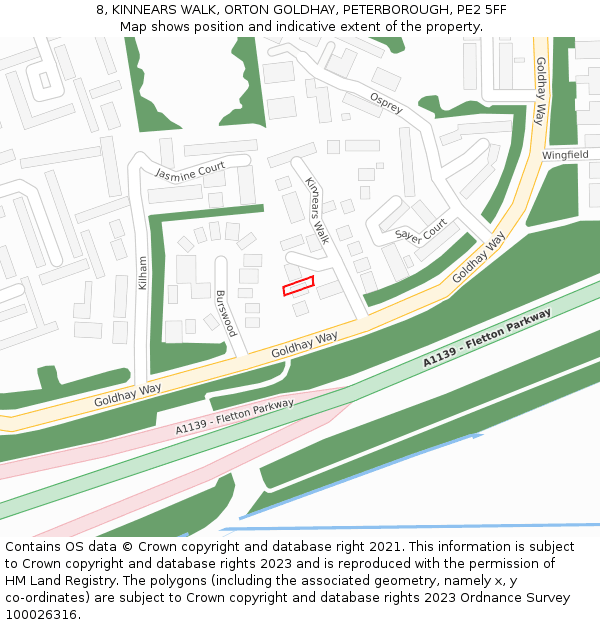 8, KINNEARS WALK, ORTON GOLDHAY, PETERBOROUGH, PE2 5FF: Location map and indicative extent of plot