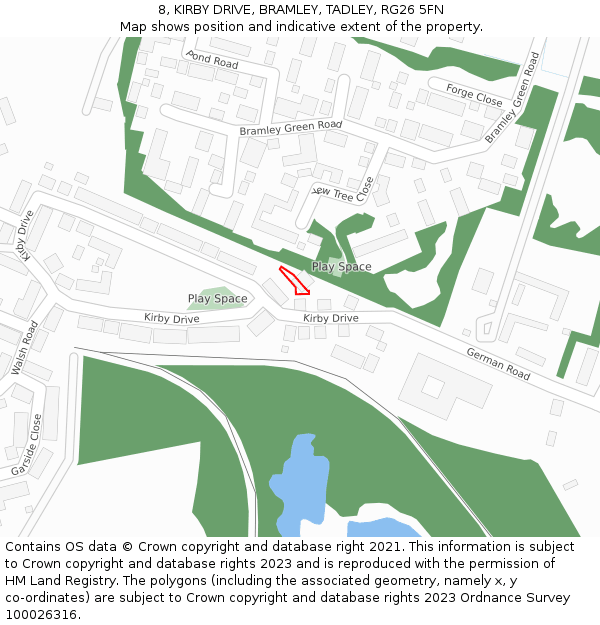 8, KIRBY DRIVE, BRAMLEY, TADLEY, RG26 5FN: Location map and indicative extent of plot