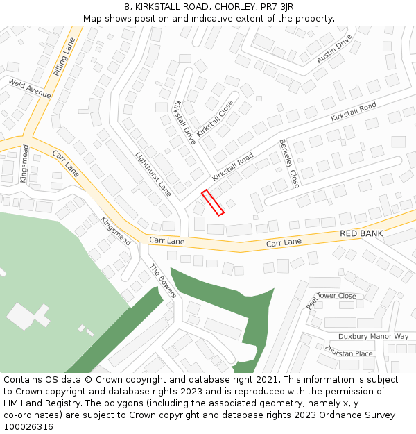 8, KIRKSTALL ROAD, CHORLEY, PR7 3JR: Location map and indicative extent of plot