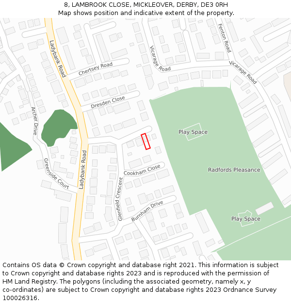 8, LAMBROOK CLOSE, MICKLEOVER, DERBY, DE3 0RH: Location map and indicative extent of plot