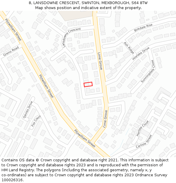 8, LANSDOWNE CRESCENT, SWINTON, MEXBOROUGH, S64 8TW: Location map and indicative extent of plot