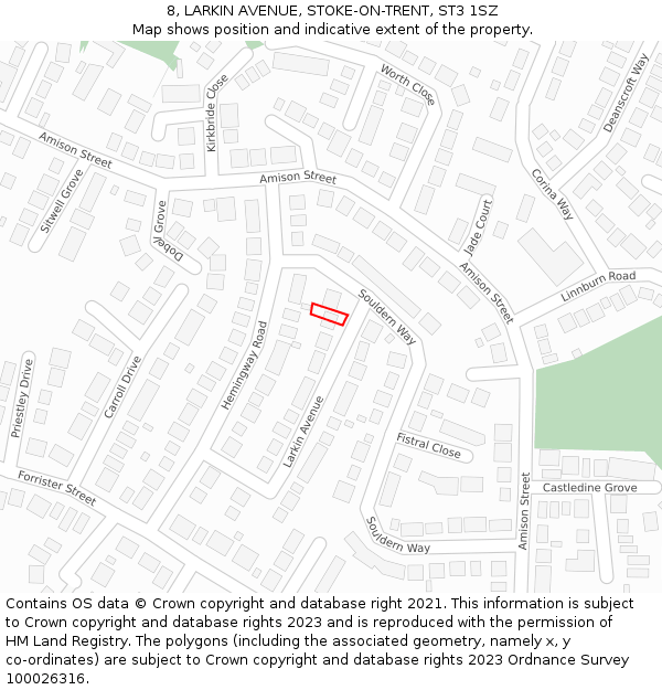 8, LARKIN AVENUE, STOKE-ON-TRENT, ST3 1SZ: Location map and indicative extent of plot