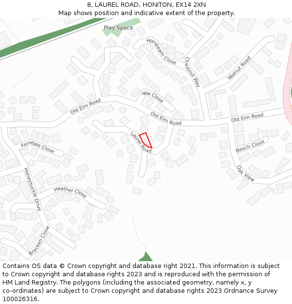 8, LAUREL ROAD, HONITON, EX14 2XN: Location map and indicative extent of plot