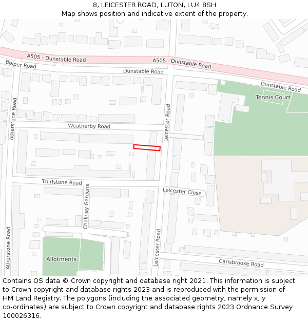 8, LEICESTER ROAD, LUTON, LU4 8SH: Location map and indicative extent of plot