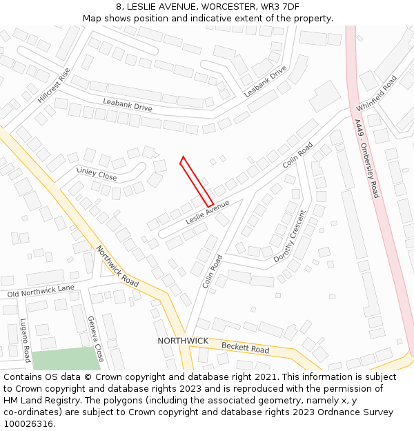 8, LESLIE AVENUE, WORCESTER, WR3 7DF: Location map and indicative extent of plot