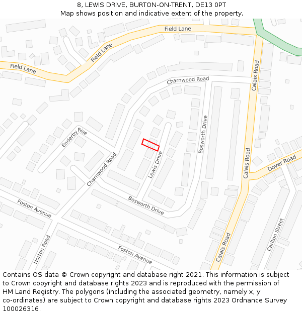 8, LEWIS DRIVE, BURTON-ON-TRENT, DE13 0PT: Location map and indicative extent of plot