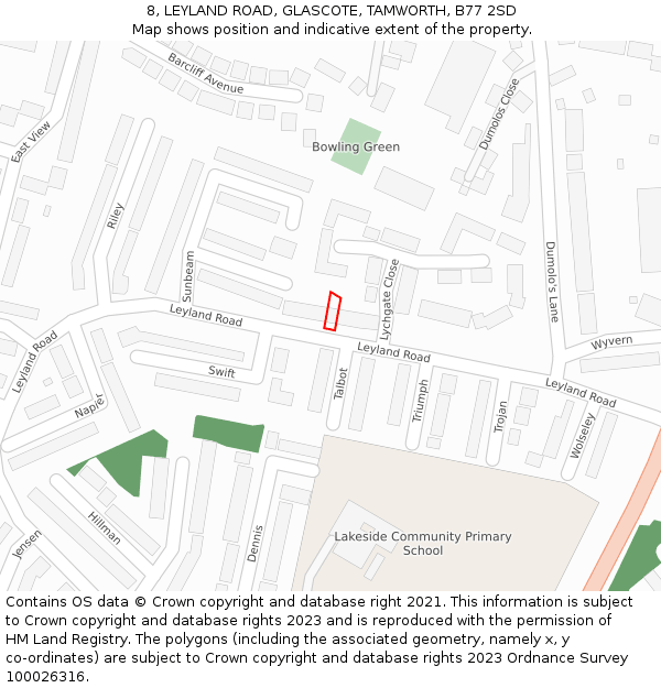 8, LEYLAND ROAD, GLASCOTE, TAMWORTH, B77 2SD: Location map and indicative extent of plot