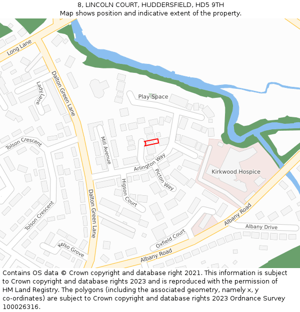 8, LINCOLN COURT, HUDDERSFIELD, HD5 9TH: Location map and indicative extent of plot