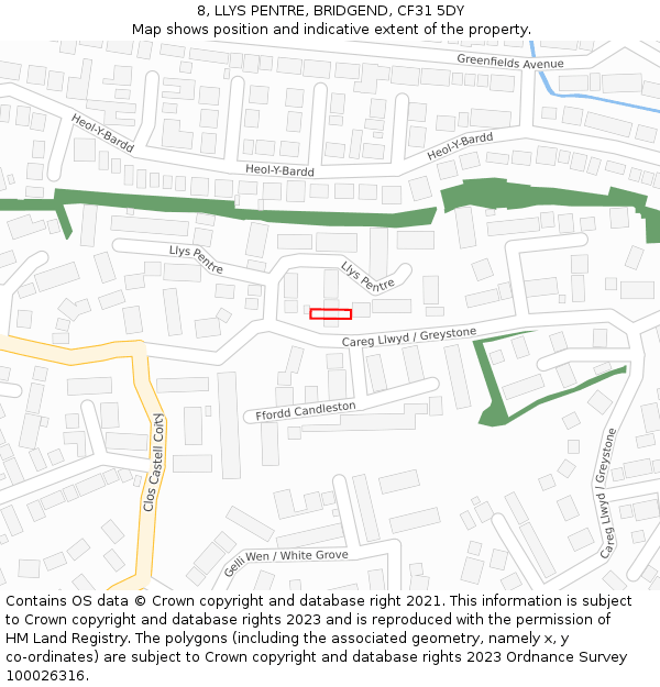 8, LLYS PENTRE, BRIDGEND, CF31 5DY: Location map and indicative extent of plot