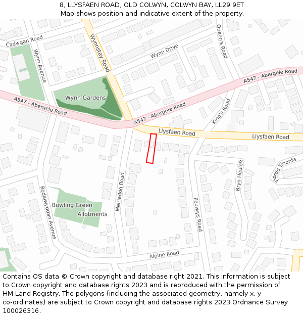 8, LLYSFAEN ROAD, OLD COLWYN, COLWYN BAY, LL29 9ET: Location map and indicative extent of plot
