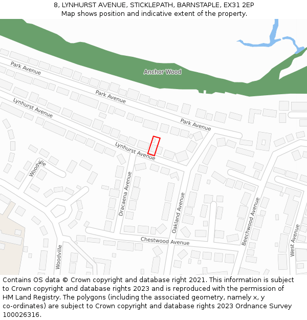 8, LYNHURST AVENUE, STICKLEPATH, BARNSTAPLE, EX31 2EP: Location map and indicative extent of plot