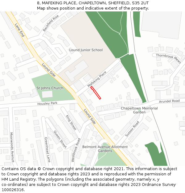 8, MAFEKING PLACE, CHAPELTOWN, SHEFFIELD, S35 2UT: Location map and indicative extent of plot