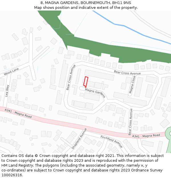 8, MAGNA GARDENS, BOURNEMOUTH, BH11 9NS: Location map and indicative extent of plot