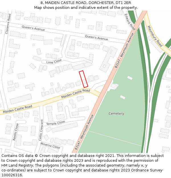 8, MAIDEN CASTLE ROAD, DORCHESTER, DT1 2ER: Location map and indicative extent of plot