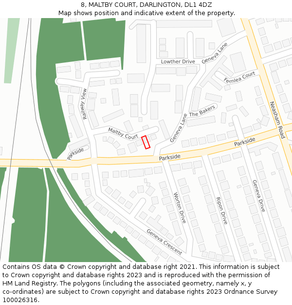 8, MALTBY COURT, DARLINGTON, DL1 4DZ: Location map and indicative extent of plot