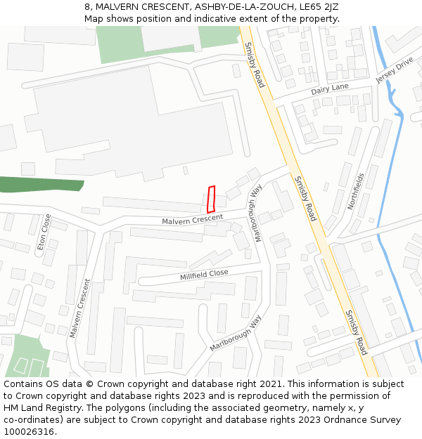 8, MALVERN CRESCENT, ASHBY-DE-LA-ZOUCH, LE65 2JZ: Location map and indicative extent of plot