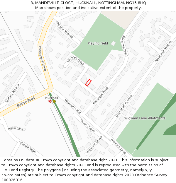 8, MANDEVILLE CLOSE, HUCKNALL, NOTTINGHAM, NG15 8HQ: Location map and indicative extent of plot