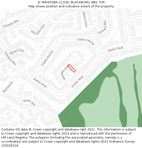 8, MANITOBA CLOSE, BLACKBURN, BB2 7DR: Location map and indicative extent of plot
