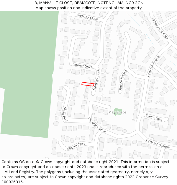 8, MANVILLE CLOSE, BRAMCOTE, NOTTINGHAM, NG9 3GN: Location map and indicative extent of plot