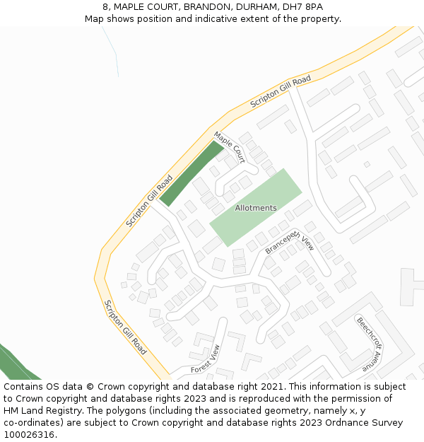 8, MAPLE COURT, BRANDON, DURHAM, DH7 8PA: Location map and indicative extent of plot