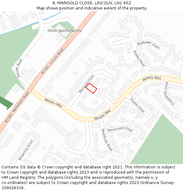 8, MARIGOLD CLOSE, LINCOLN, LN2 4SZ: Location map and indicative extent of plot