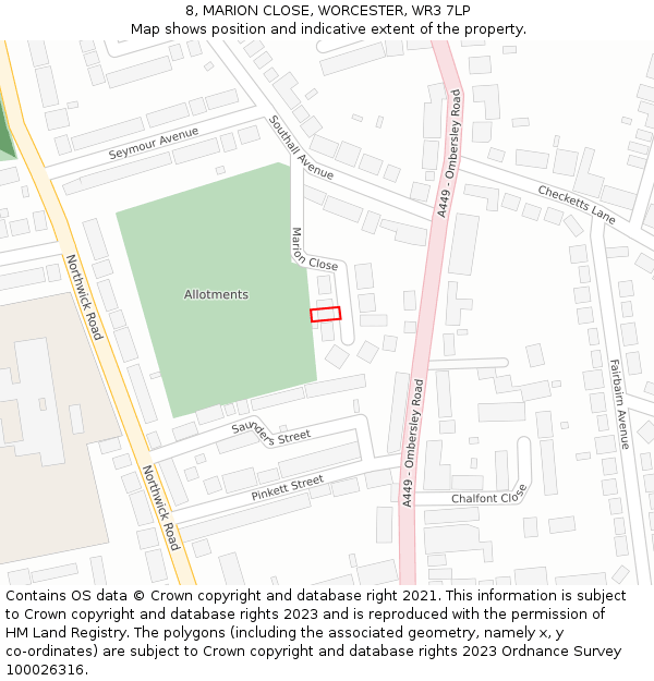 8, MARION CLOSE, WORCESTER, WR3 7LP: Location map and indicative extent of plot