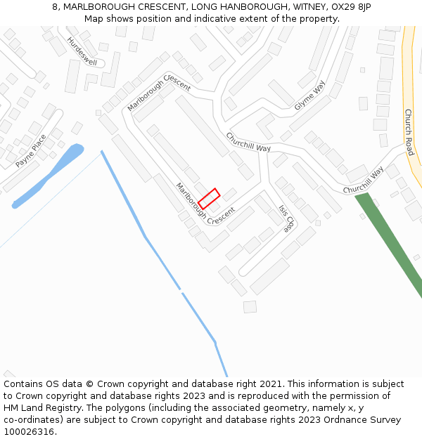 8, MARLBOROUGH CRESCENT, LONG HANBOROUGH, WITNEY, OX29 8JP: Location map and indicative extent of plot
