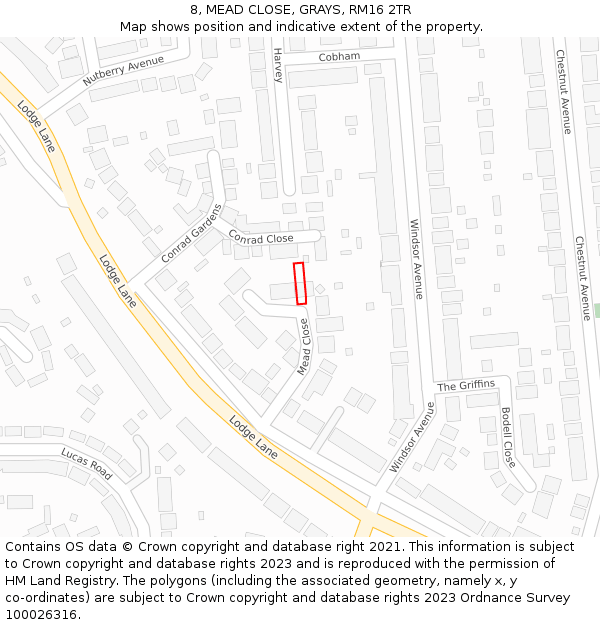 8, MEAD CLOSE, GRAYS, RM16 2TR: Location map and indicative extent of plot