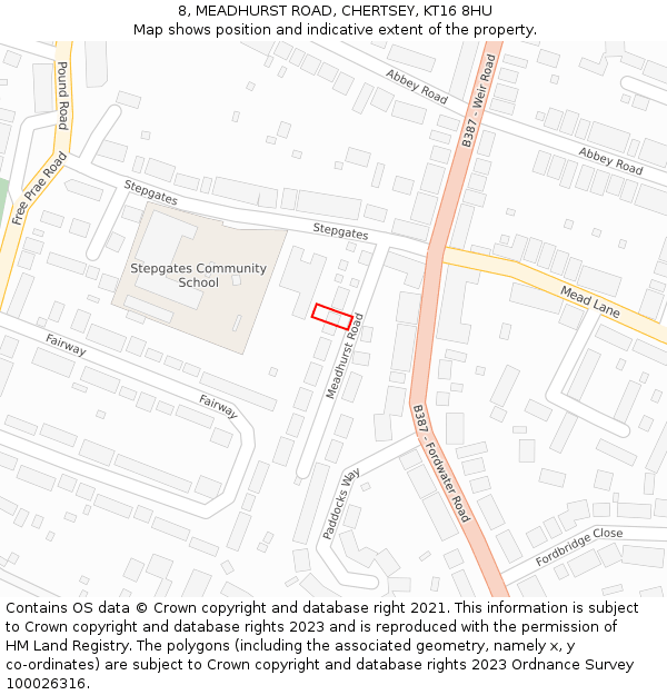 8, MEADHURST ROAD, CHERTSEY, KT16 8HU: Location map and indicative extent of plot