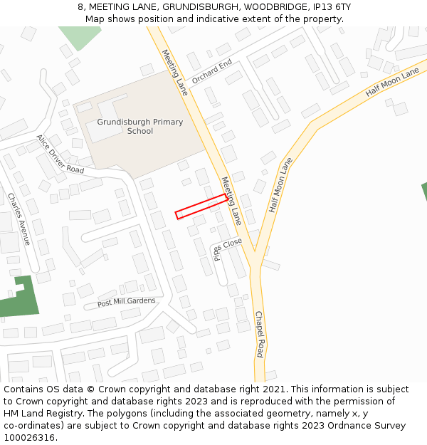8, MEETING LANE, GRUNDISBURGH, WOODBRIDGE, IP13 6TY: Location map and indicative extent of plot