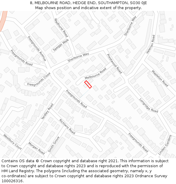 8, MELBOURNE ROAD, HEDGE END, SOUTHAMPTON, SO30 0JE: Location map and indicative extent of plot