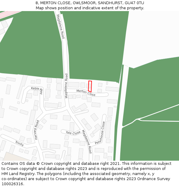 8, MERTON CLOSE, OWLSMOOR, SANDHURST, GU47 0TU: Location map and indicative extent of plot