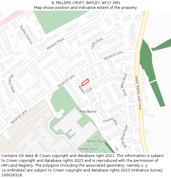 8, MILLERS CROFT, BATLEY, WF17 0RN: Location map and indicative extent of plot