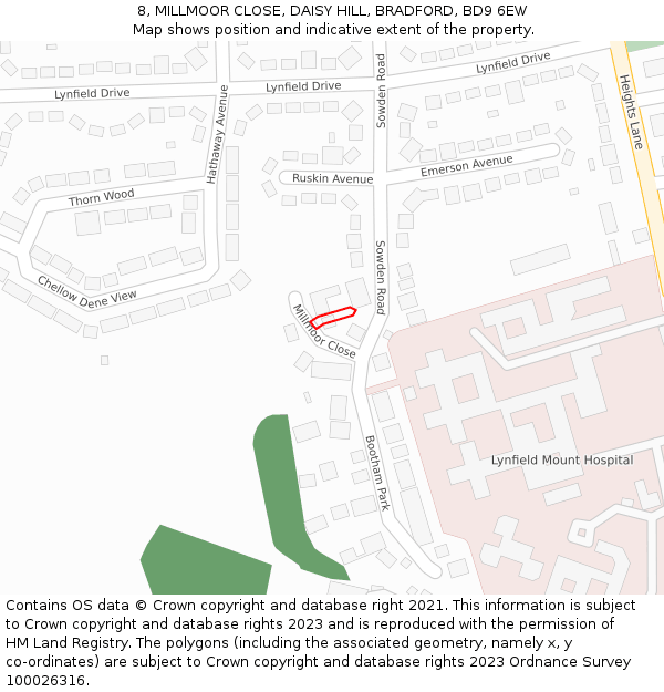 8, MILLMOOR CLOSE, DAISY HILL, BRADFORD, BD9 6EW: Location map and indicative extent of plot