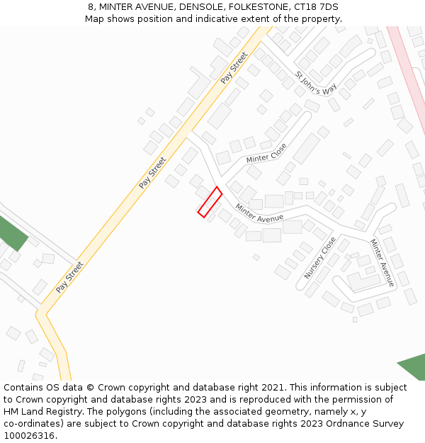 8, MINTER AVENUE, DENSOLE, FOLKESTONE, CT18 7DS: Location map and indicative extent of plot