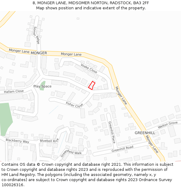 8, MONGER LANE, MIDSOMER NORTON, RADSTOCK, BA3 2FF: Location map and indicative extent of plot