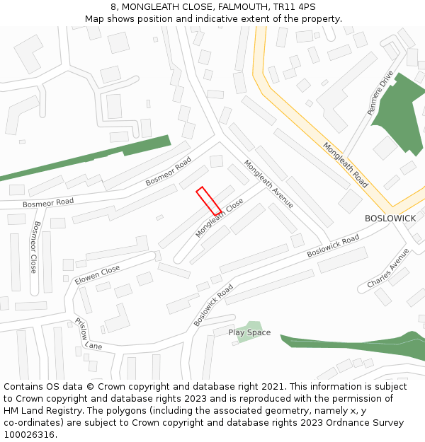 8, MONGLEATH CLOSE, FALMOUTH, TR11 4PS: Location map and indicative extent of plot