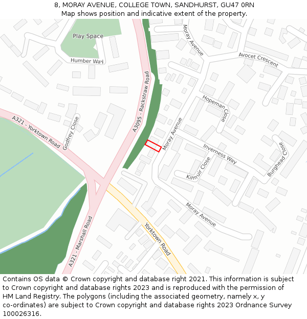 8, MORAY AVENUE, COLLEGE TOWN, SANDHURST, GU47 0RN: Location map and indicative extent of plot