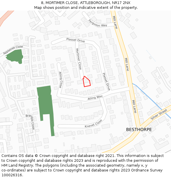 8, MORTIMER CLOSE, ATTLEBOROUGH, NR17 2NX: Location map and indicative extent of plot