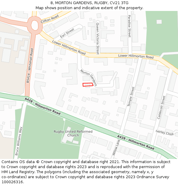 8, MORTON GARDENS, RUGBY, CV21 3TG: Location map and indicative extent of plot