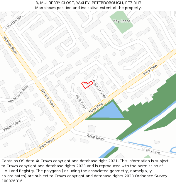 8, MULBERRY CLOSE, YAXLEY, PETERBOROUGH, PE7 3HB: Location map and indicative extent of plot