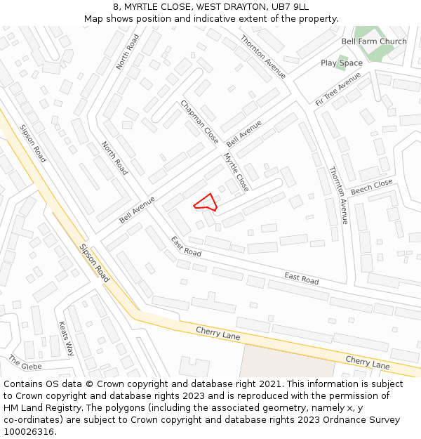8, MYRTLE CLOSE, WEST DRAYTON, UB7 9LL: Location map and indicative extent of plot